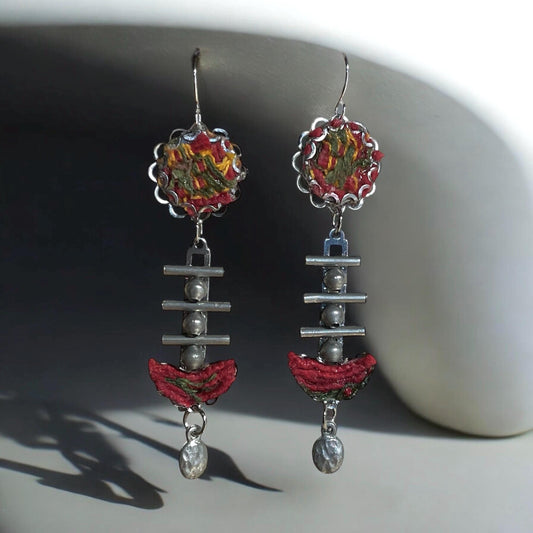 Red, yellow and olive green mixed media collage earrings with fabric, thread, mixed metals and hammered drops; Sterling silver ear wires