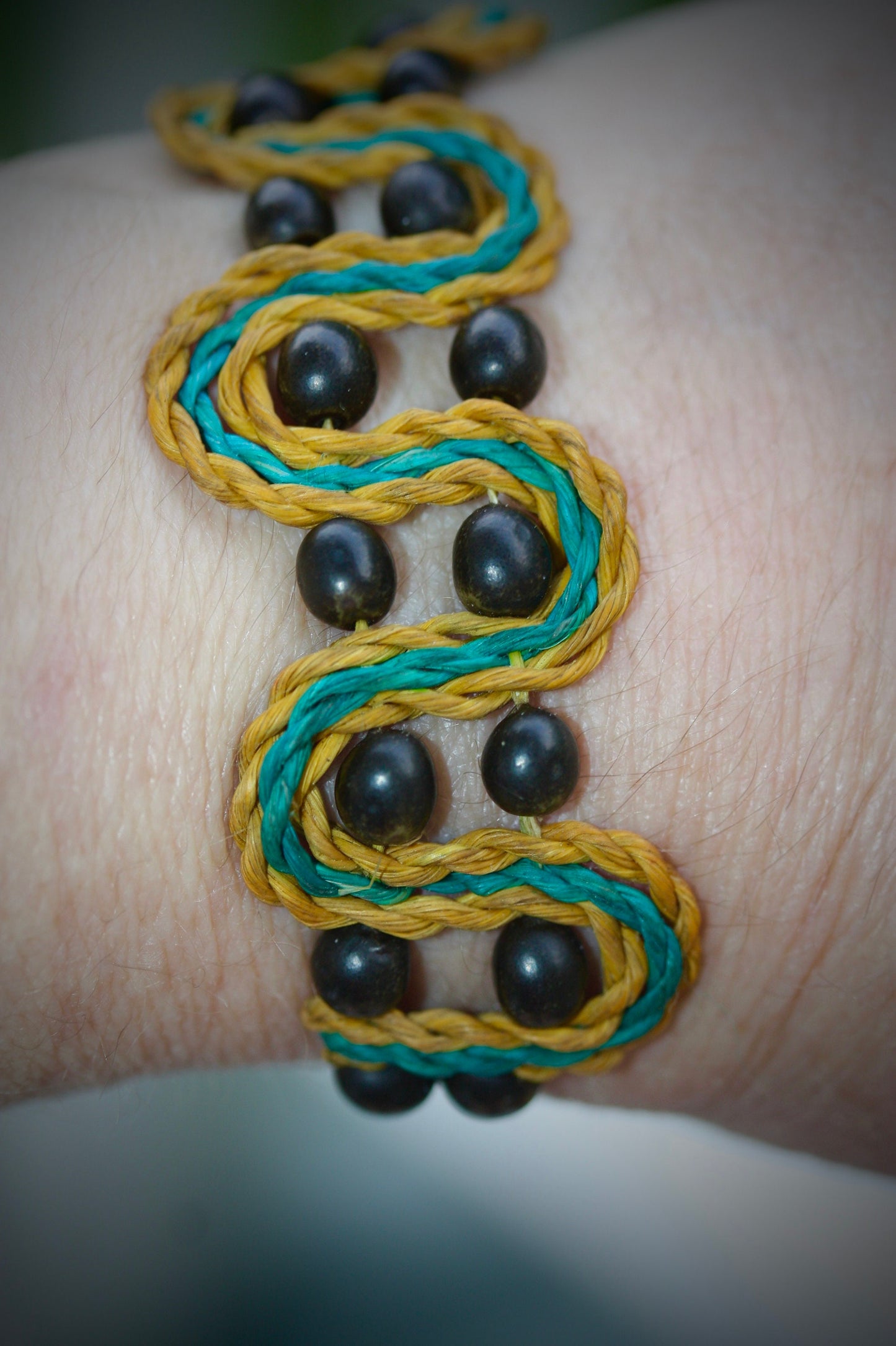 Unique MCM mixed material wood and braided string turquoise and yellow vintage bracelet