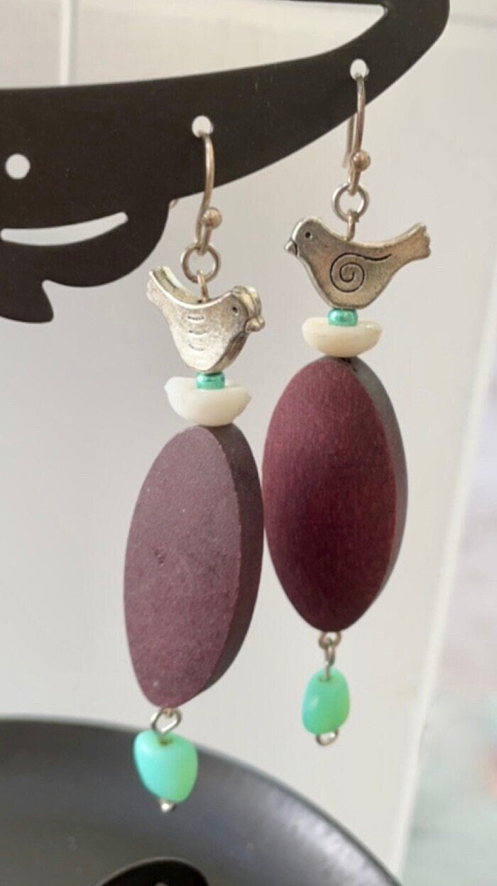 Handmade "Bird Nest" mixed material earrings -metallic birds on oval wood base with turquoise seed beads and milky white vintage glass beads