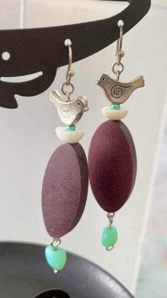 Handmade "Bird Nest" mixed material earrings -metallic birds on oval wood base with turquoise seed beads and milky white vintage glass beads