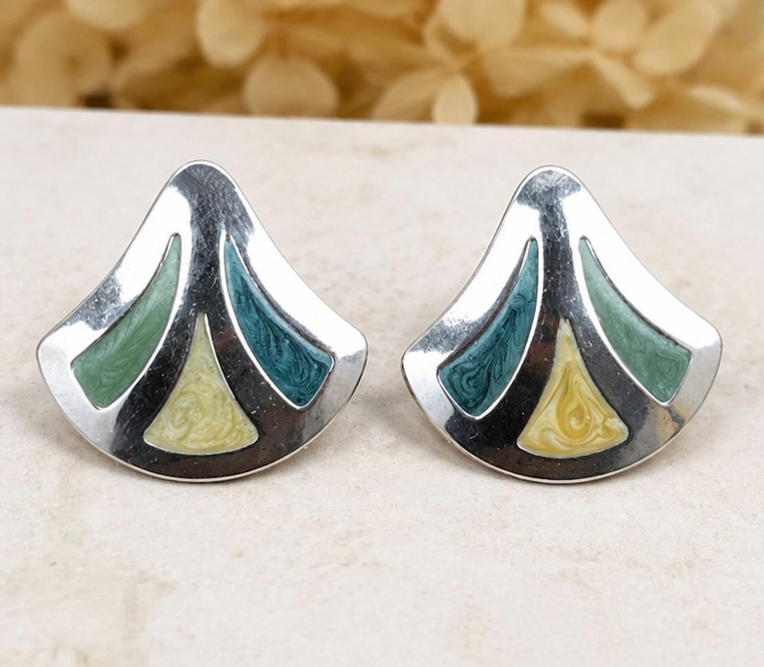 Vintage Art Deco Style Fan Earrings | Marbled Teal & Ivory Acrylic | Silver Tone Geometric Post Earrings | 1980s Statement Jewelry