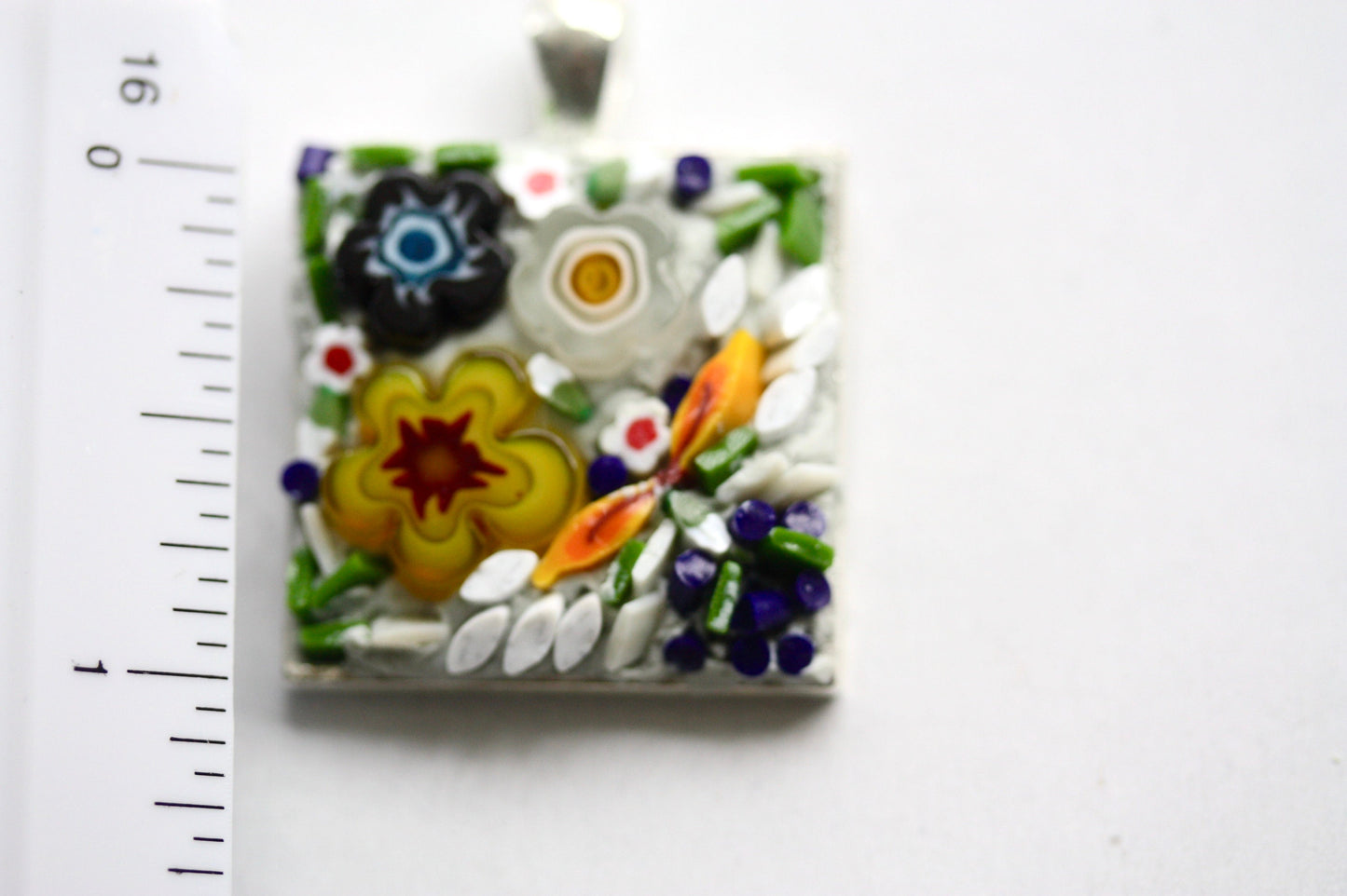 My handmade mosaic necklace - "Flower garden" - hand cut ceramic and glass with millefiori flowers