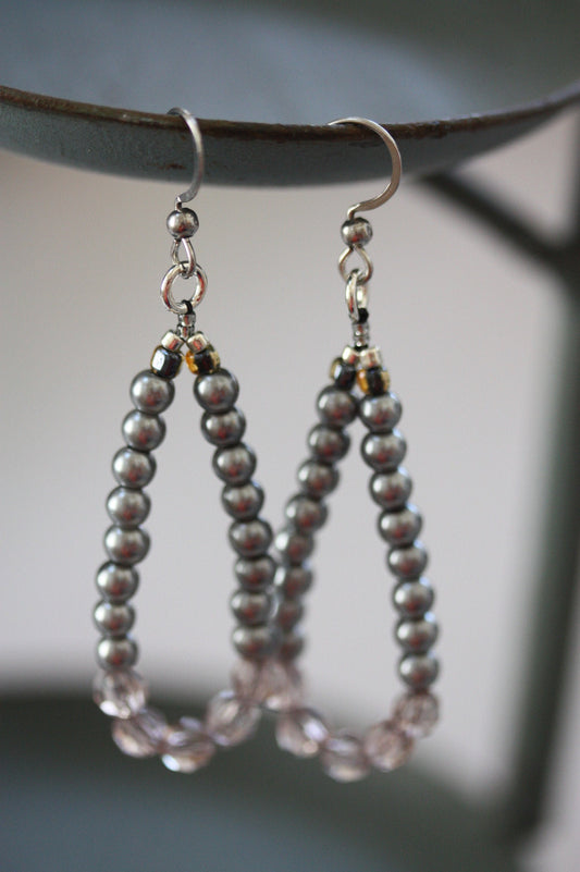 Hand beaded color blocked silver colored dangle hoop earrings - vintage and new materials