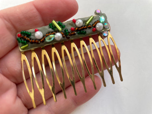 Mixed Material Mosaic Christmas themed metal hair comb -  micro mosaic / collage / Assemblage art / Millefiori