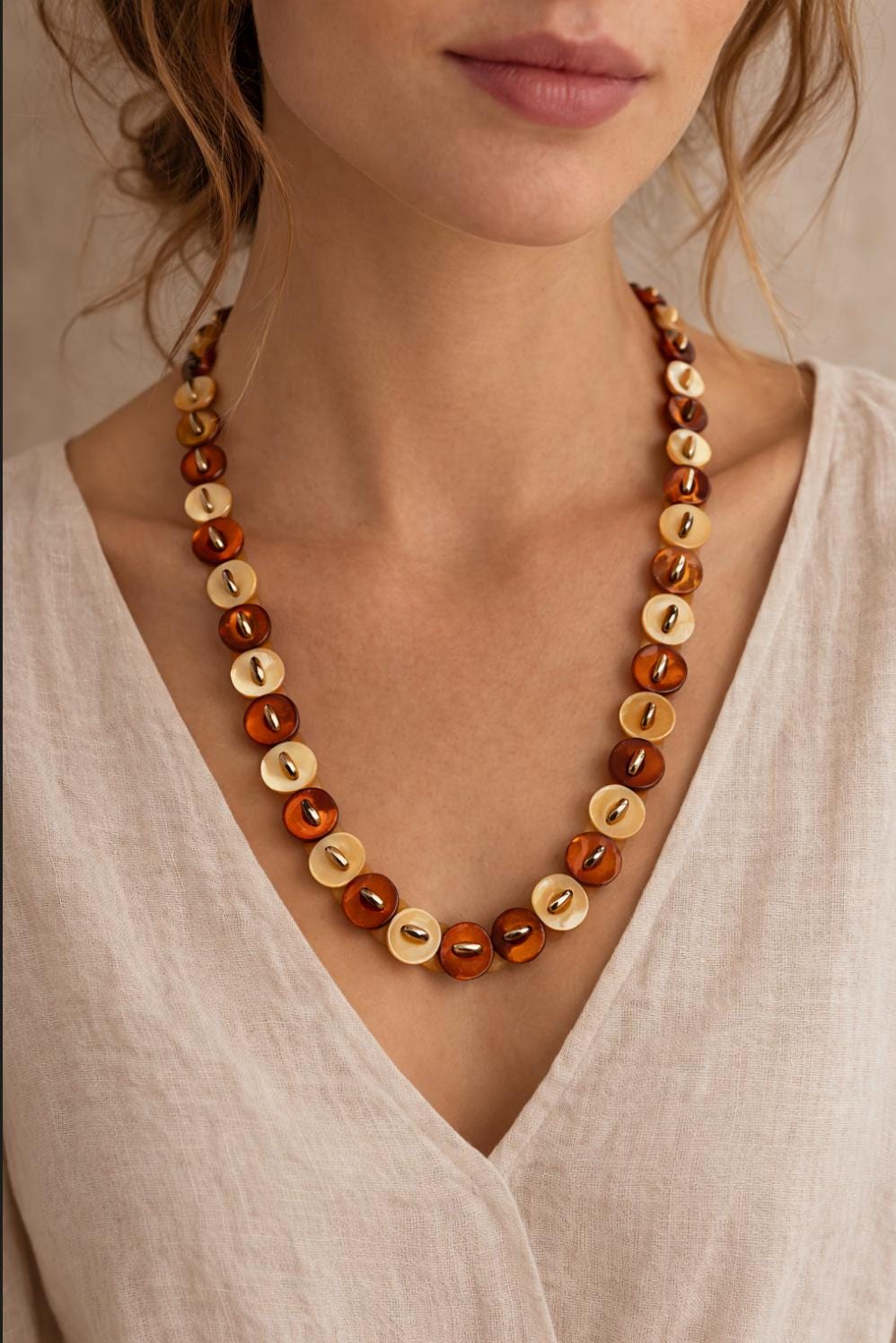 Button Necklace Vintage Brown Amber Cream Disc Beads | 90s Boho Statement Necklace | Earth Tone Plastic Button Jewelry