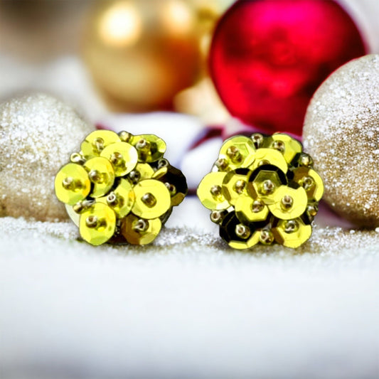 Gold sequin and beadwork stud earrings - for pierced ears OR clip on earrings - your preference