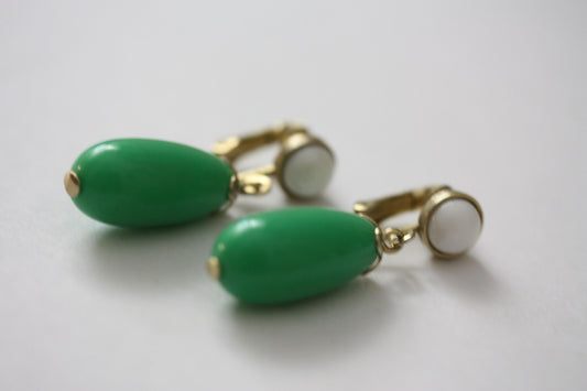 Green and white vintage Avon clip on dangle earrings