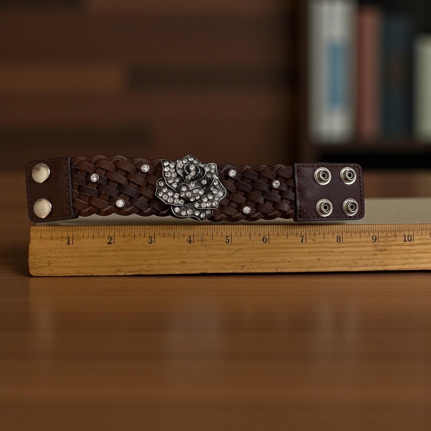 Charming Charlie Silver-Tone Leather Bracelet with Rhinestone Rose – Floral Statement Jewelry