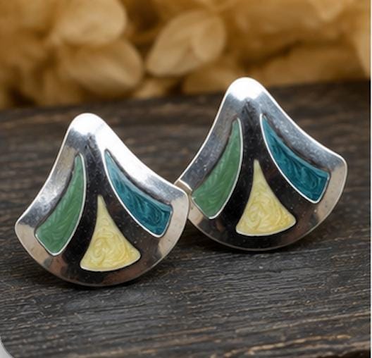 Vintage Art Deco Style Fan Earrings | Marbled Teal & Ivory Acrylic | Silver Tone Geometric Post Earrings | 1980s Statement Jewelry
