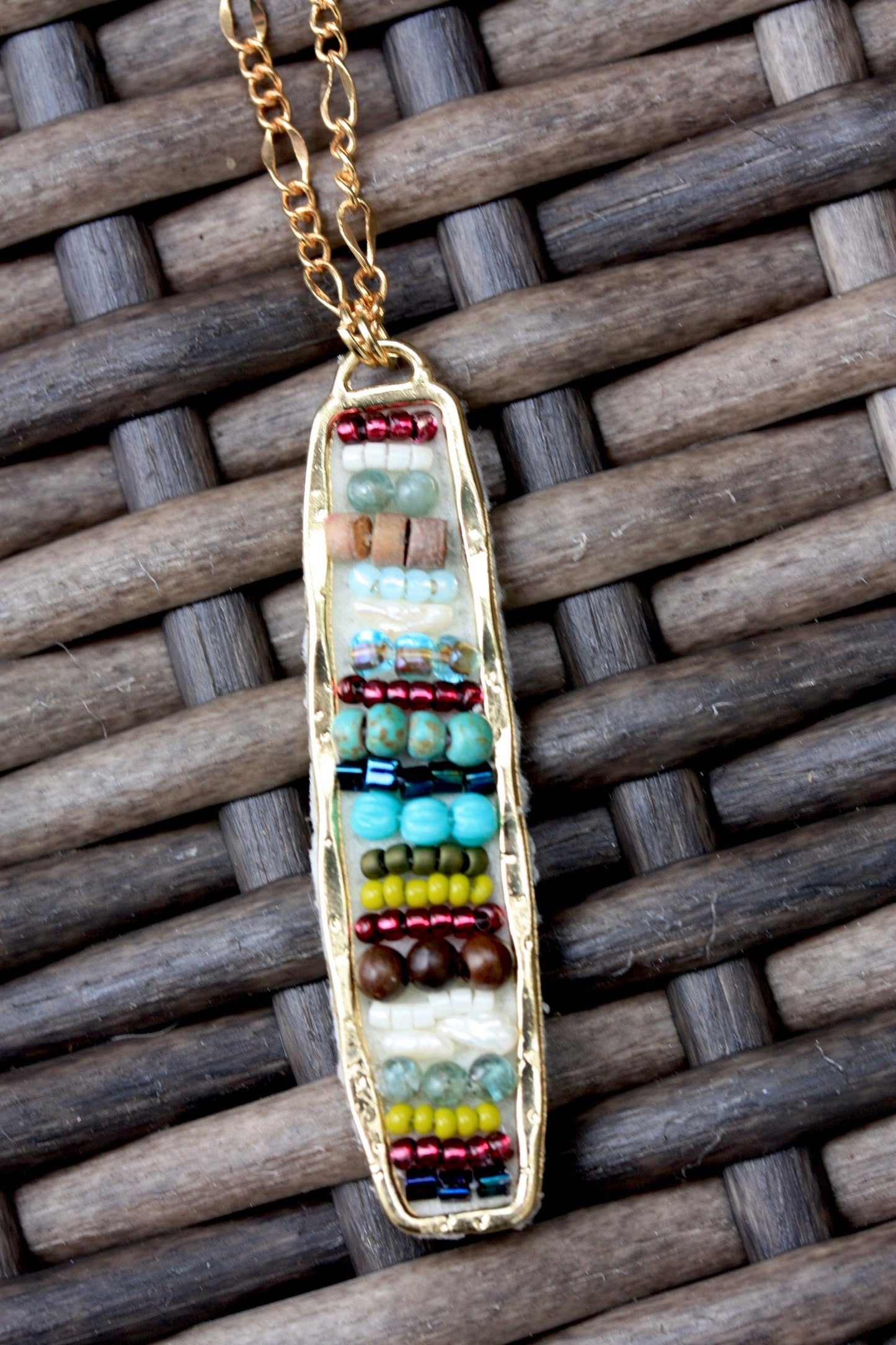 Hand beaded mixed material necklace - baroque pearl, glass, wood, metal, turquoise