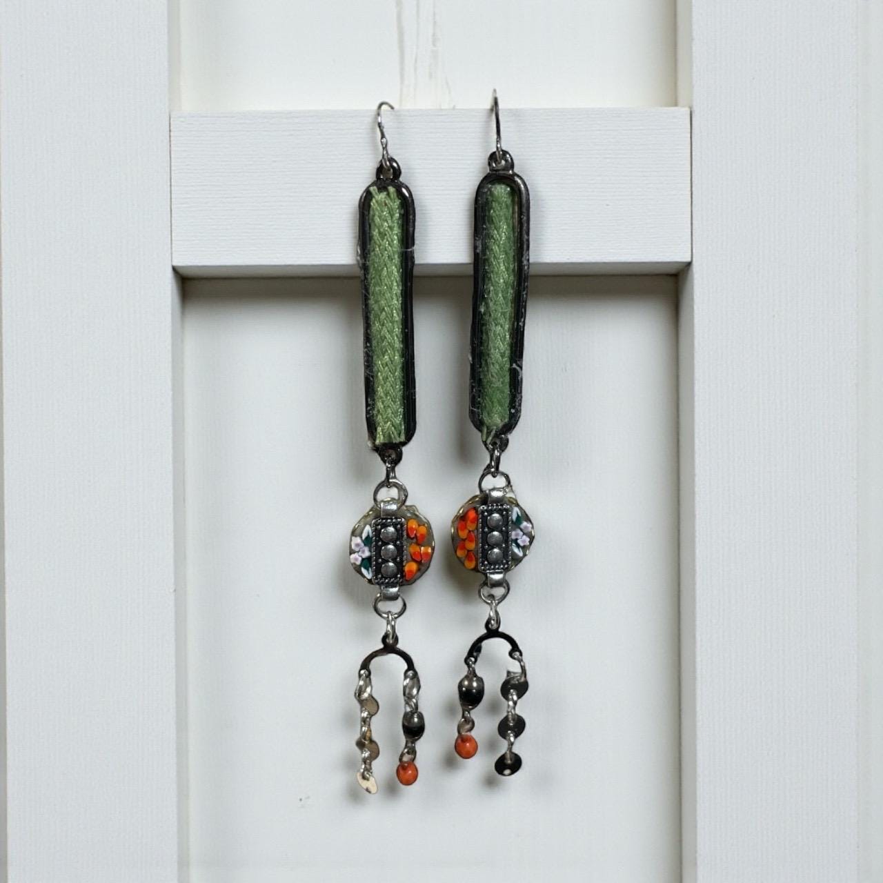 Handcrafted Boho Mosaic Dangle Earrings –Green Woven Fabric & Beaded Drop Earrings, Artisan Statement Jewelry, Colorful Mixed Media Earrings