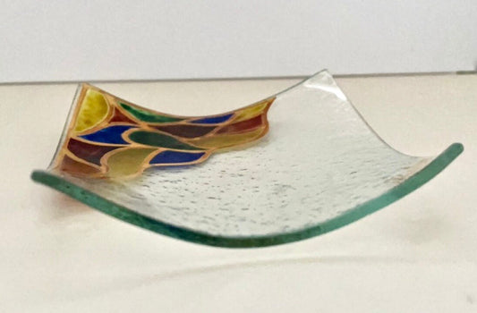 Signed "Nualart" hand painted vintage small catch-all dish / ring holder - curved, textured glass - stunning colors