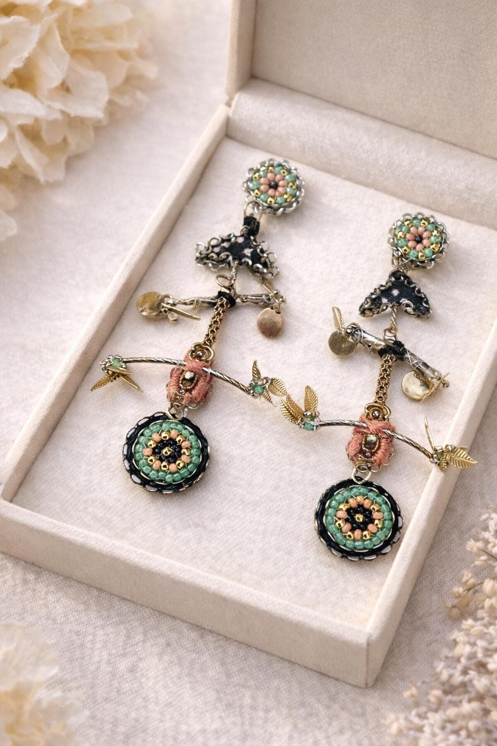 One-of-a-kind Handmade Beaded Earrings - Artisan Statement Earrings - Beadwork, Textile and metal Mixed Media Earrings, Boho Couture Jewelry