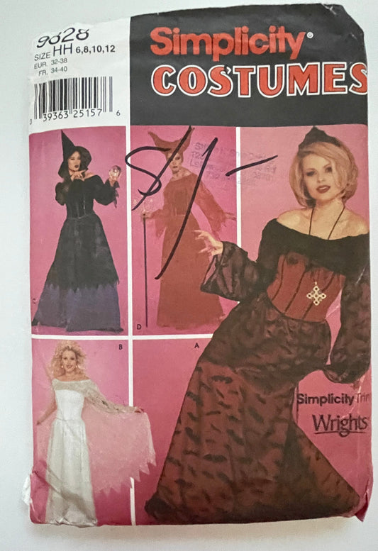 UNCUT Sewing Pattern - Simplicity Sewing Pattern 9828 Sz HH 6-12 ~ Misses' costumes - blouse, overskirt, drape, hat ~ witch, vampire