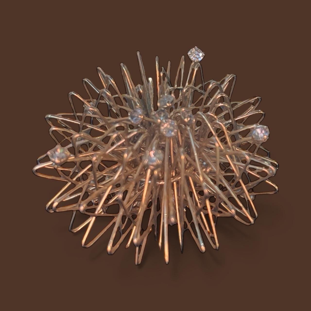 Vintage ATOMIC Brooch Gold Tone Wire MCM Dimensional Starburst Pin with rhinestones