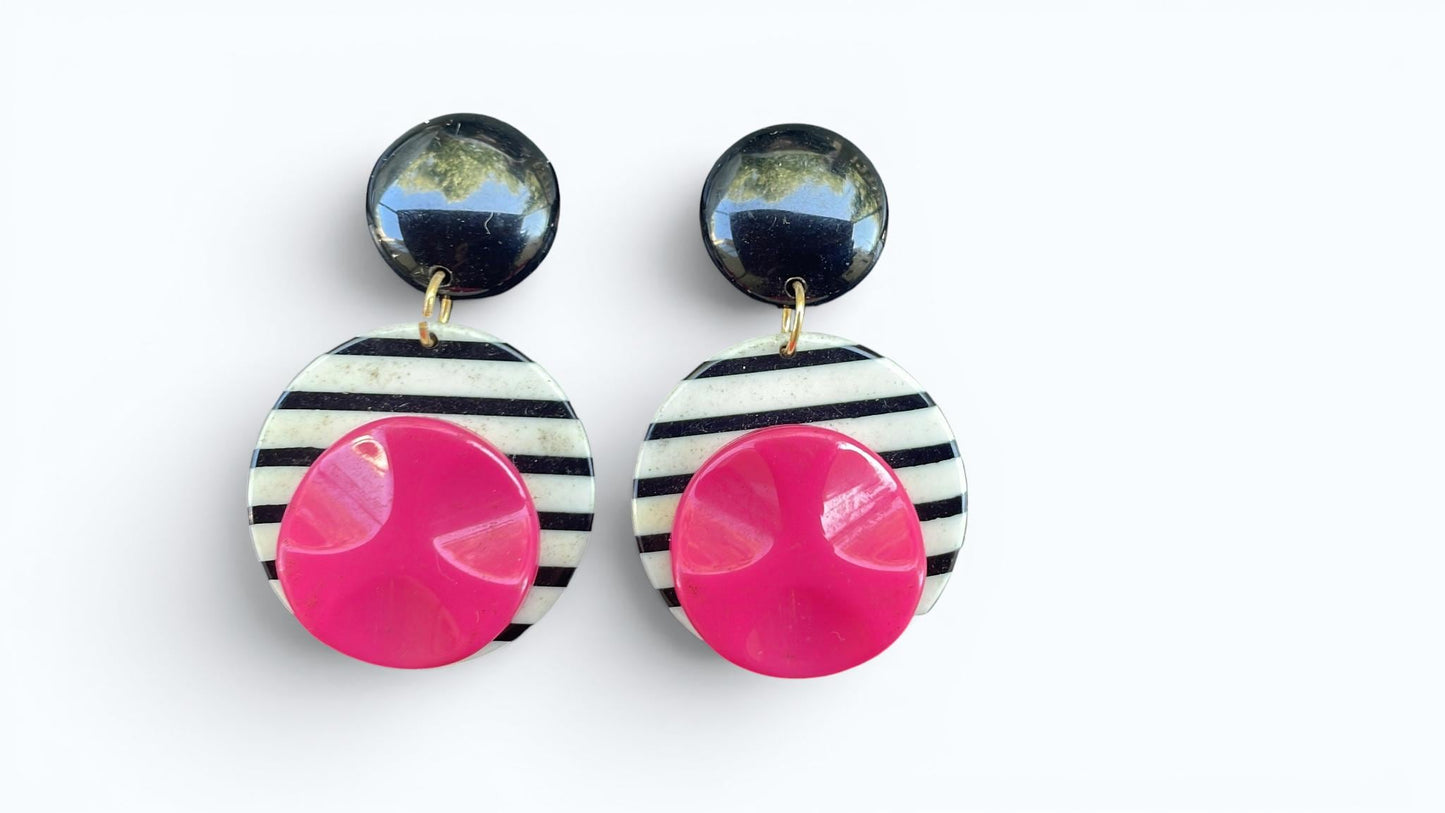 Vintage 1980s Black White Pink Statement Earrings | Bold Geometric Dangle Earrings | Memphis Style Retro Jewelry | Pierced Earrings