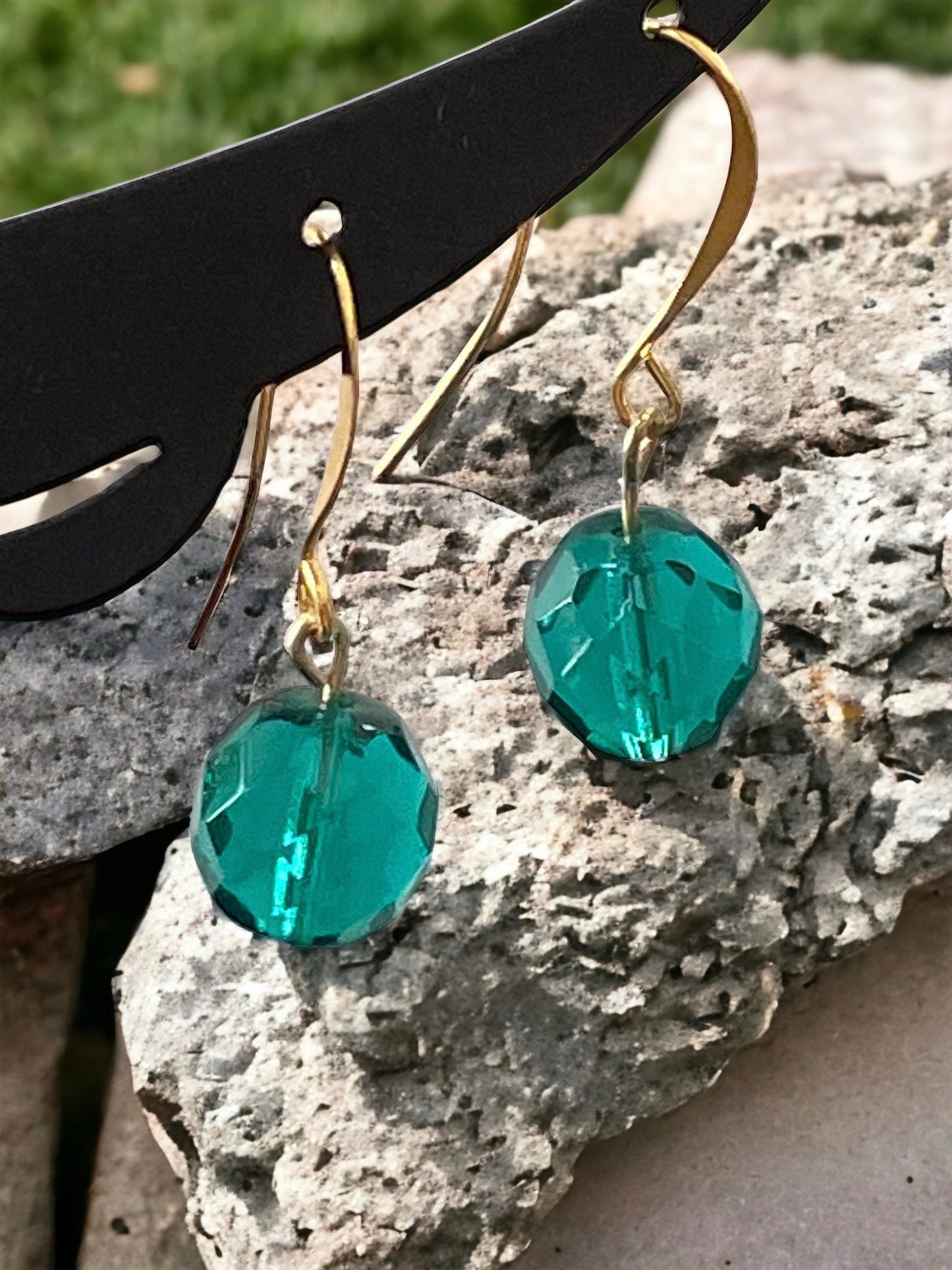 Minimalist turquoise glass crystal dangle earrings with sloped goldstone ear wires