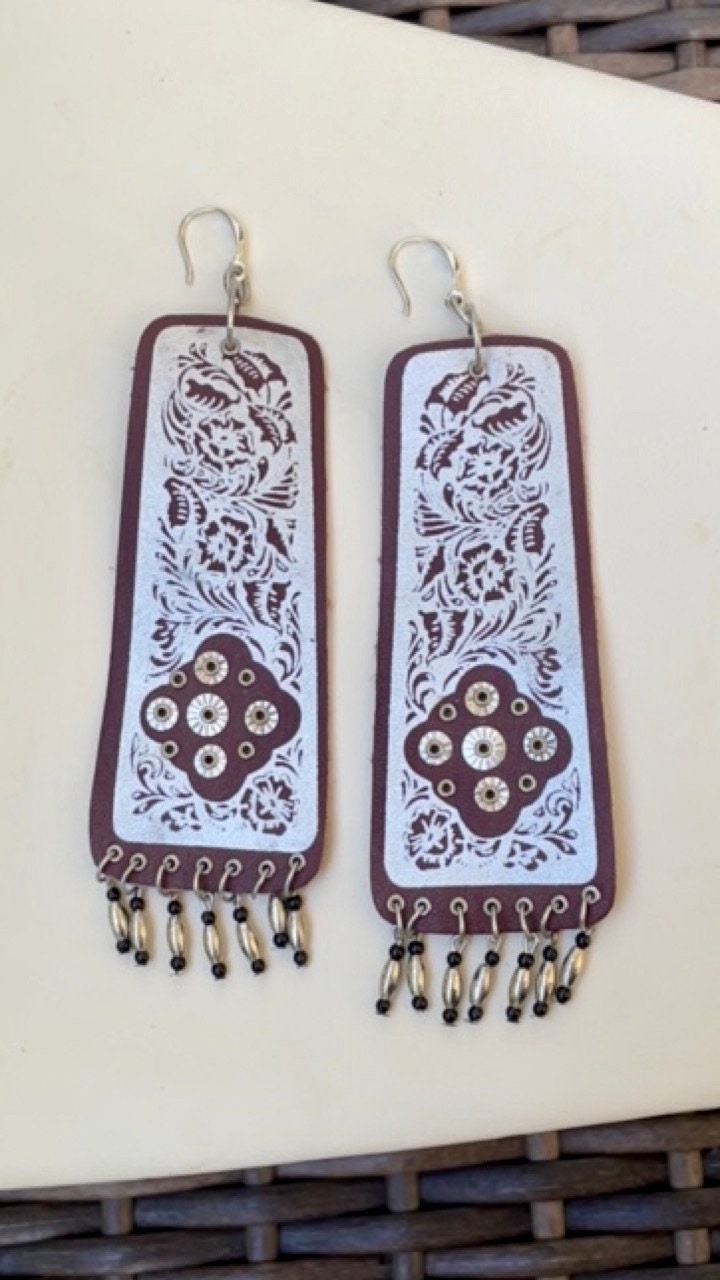 Unique vintage artisan handmade leather dangle earrings