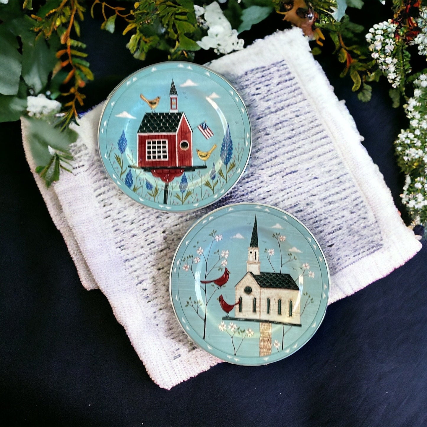 Pair of charming Warren Kimble Birdhouse Salad/dessert Plates - 8" each