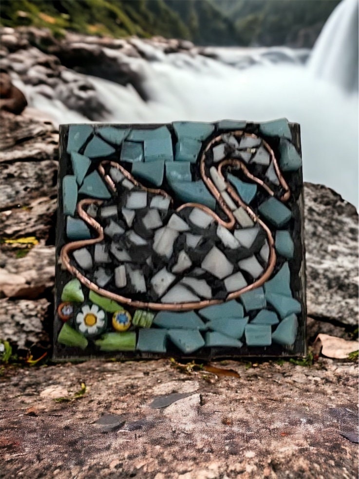 Handmade Mosaic Necklace - Swan in Water with Millefiori Glass