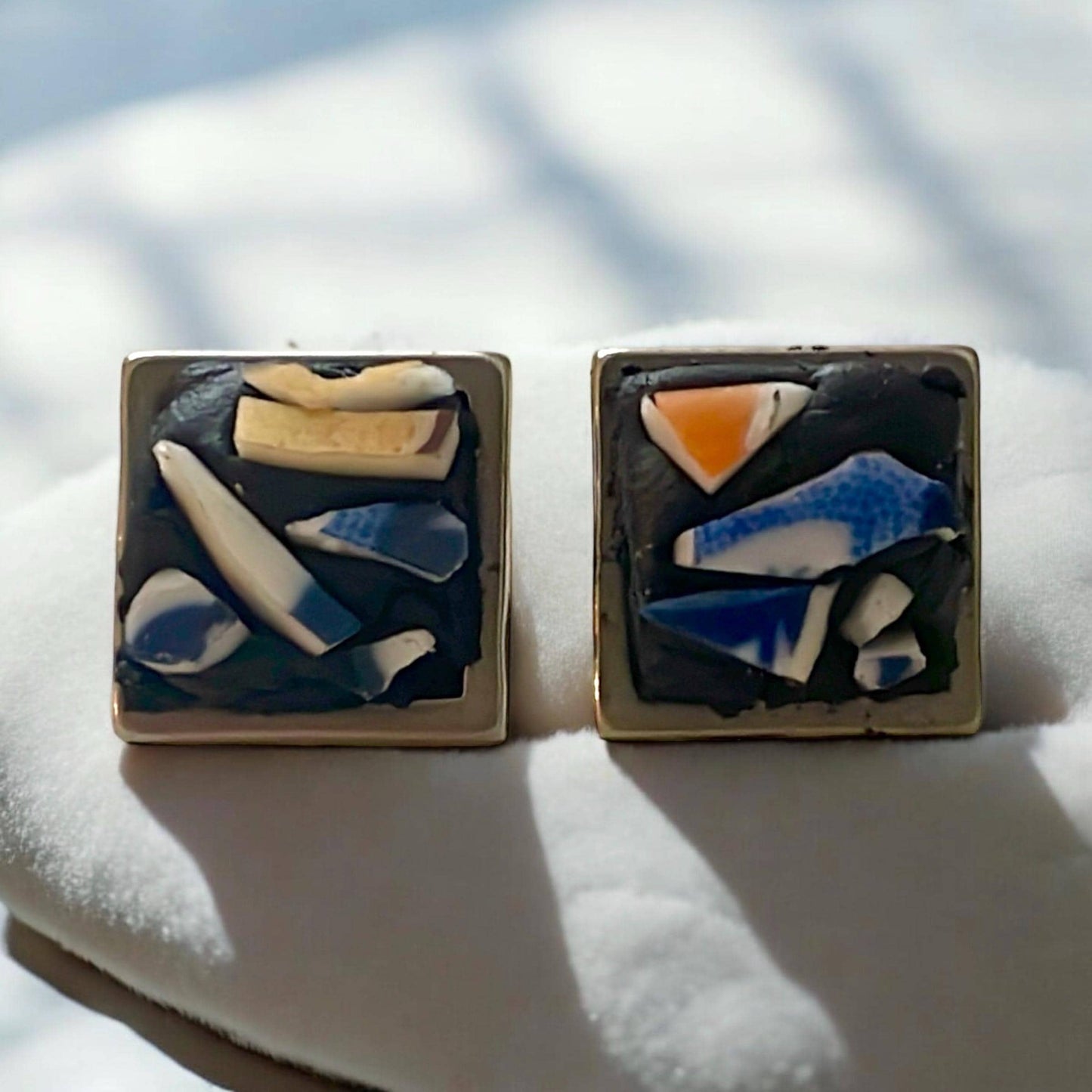 Mosaic tile abstract square stud earrings - 1/2"