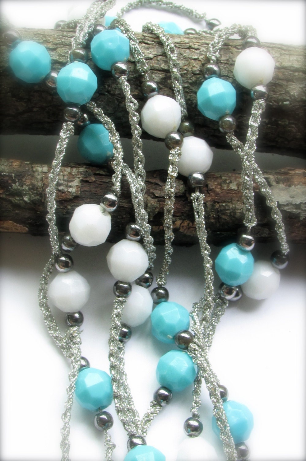Blue & white beaded vintage necklace on tiny crocheted silvery thread
