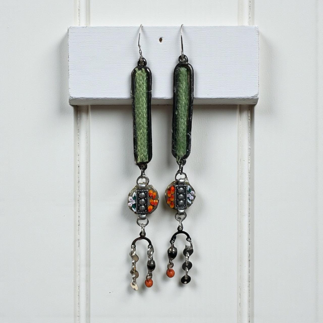 Handcrafted Boho Mosaic Dangle Earrings –Green Woven Fabric & Beaded Drop Earrings, Artisan Statement Jewelry, Colorful Mixed Media Earrings