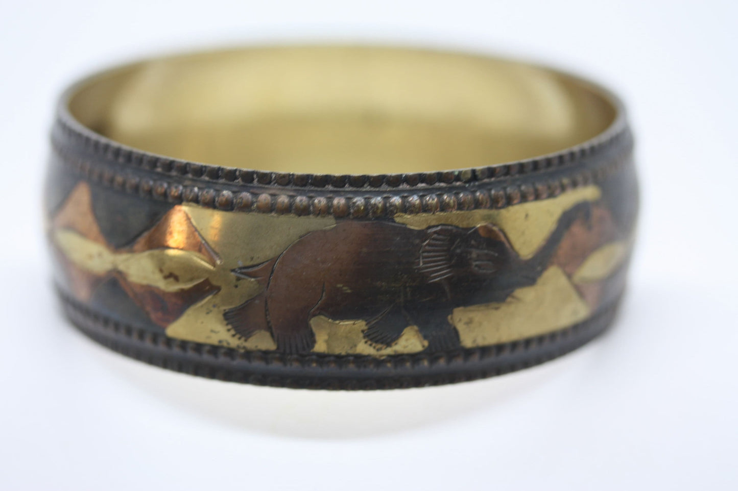 Brass Copper Bronze Elephant Bangle Bracelet – Mixed Metal Boho Jewelry, Safari Animal Cuff, Tribal Style Statement Bracelet
