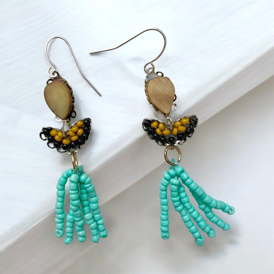 Handmade mixed material earrings - Mustard yellow teardrops with black and mustard glass seed beads and turquoise beaded dangles