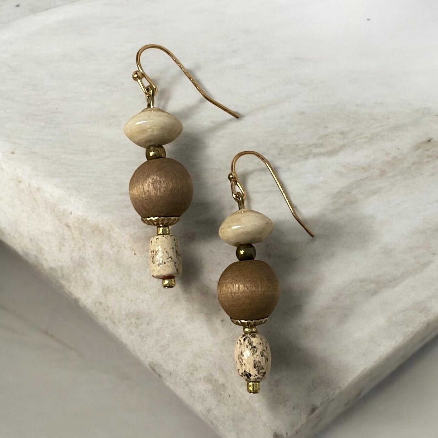 Wood, marble and glass dangle earrings