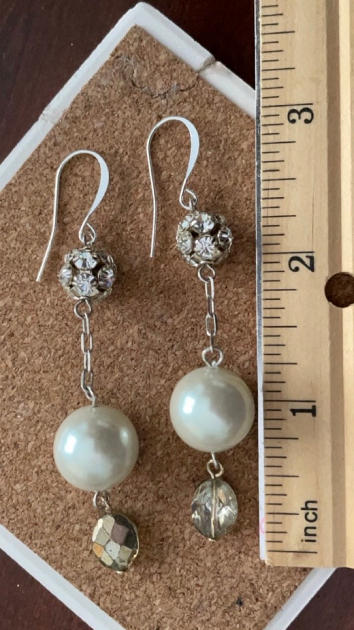 Rhinestone balls and pearls drop dangle earrings - sterling silver ear wires