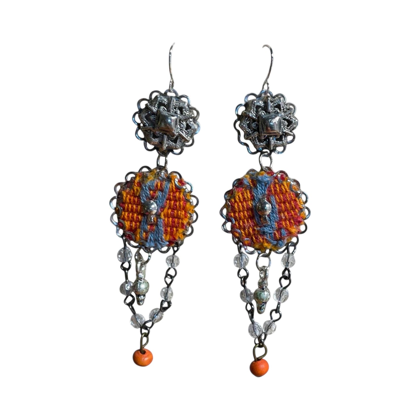 Orange and gray mixed media collage earrings with mixed metals, fabric, crystal and wood; Sterling silver ear wires