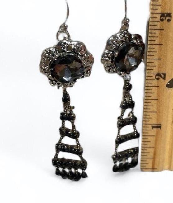 Handmade Earrings with Vintage & New Components – Black Crystal Filigree Dangles – Elegant Statement Jewelry