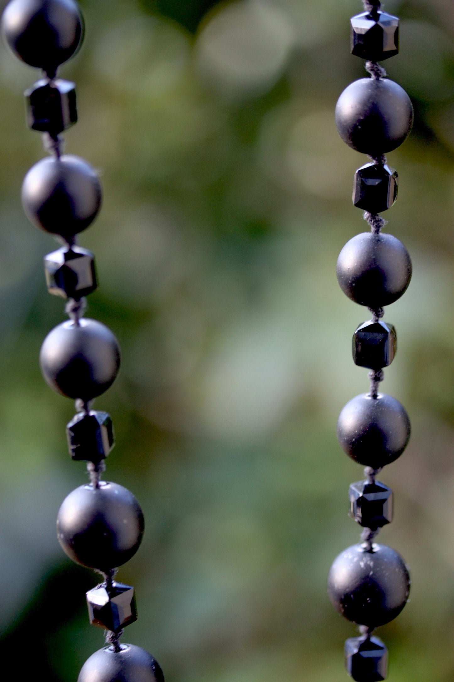 Stunning, high quality long black vintage necklace - with black matte round faux pearls and smooth cubed black crystal-like beads