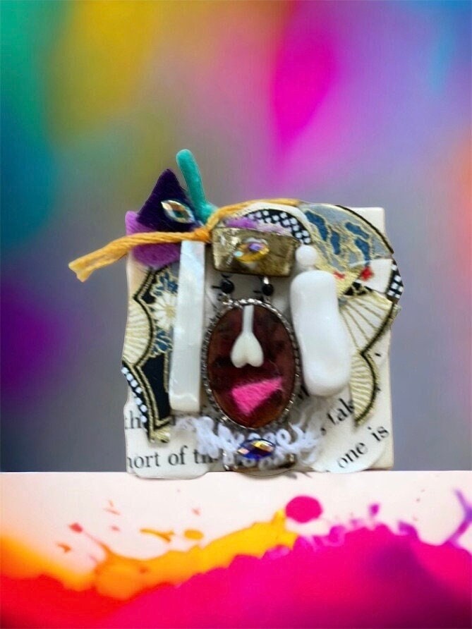 Meet "Johanna" - Assemblage art / mixed media collage - magnet, pin, necklace pendant or hair pin