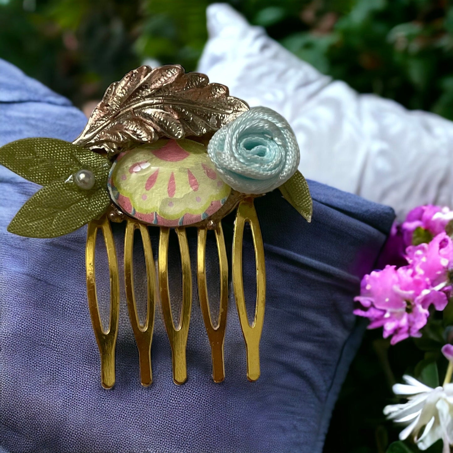 Garden inspired mixed material small 1" hair comb with antiqued metal leaf, paper sealed glass cabochon, satin flower/leaves