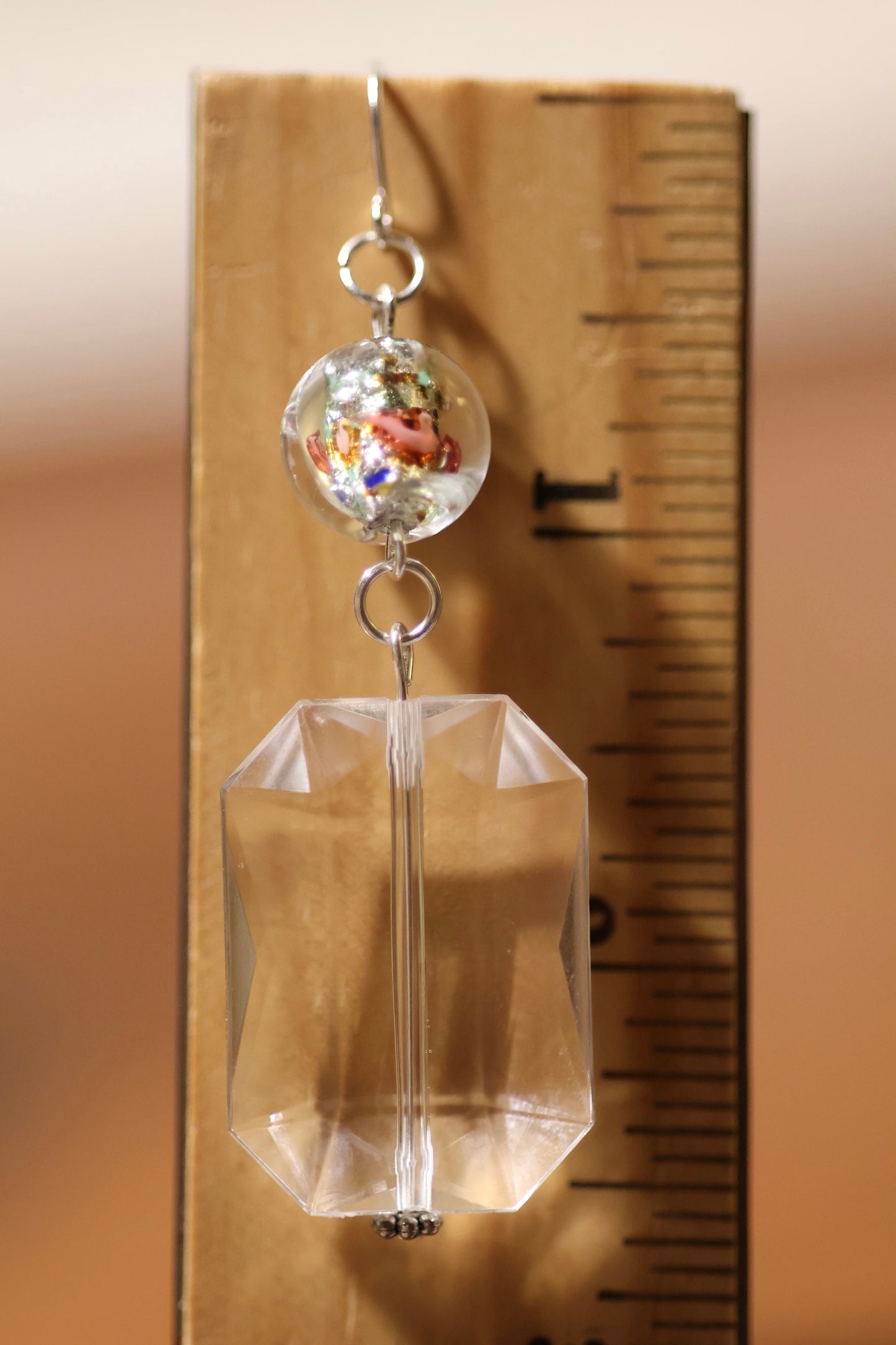 Clear bevel cut acrylic 2" rectangular shaped dangle earrings with Czech foiled lampwork glass floating rose beads