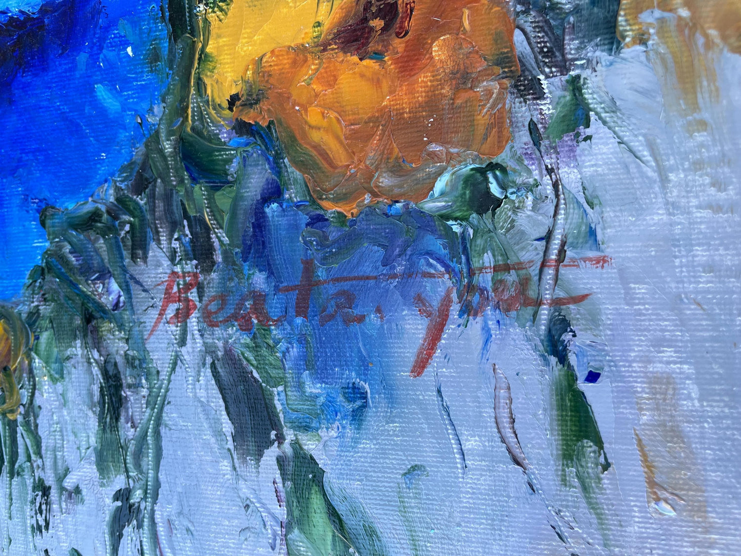 Original Signed Abstract Floral Painting – Large Blue & Yellow Impasto Flowers, Hand-Painted Textured Canvas Art