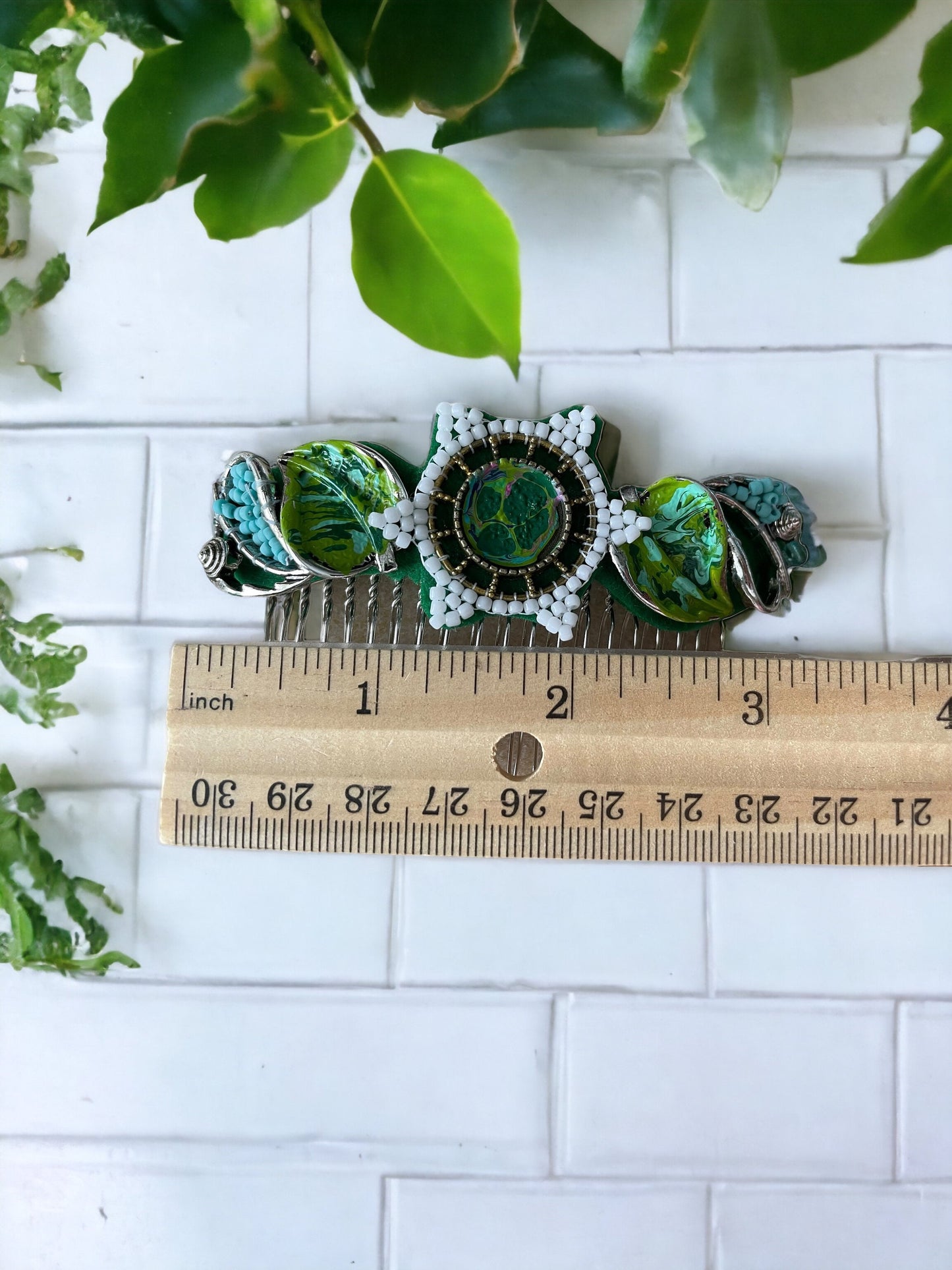 One-of-a-kind, hand made, nature inspired, mixed media metal hair comb