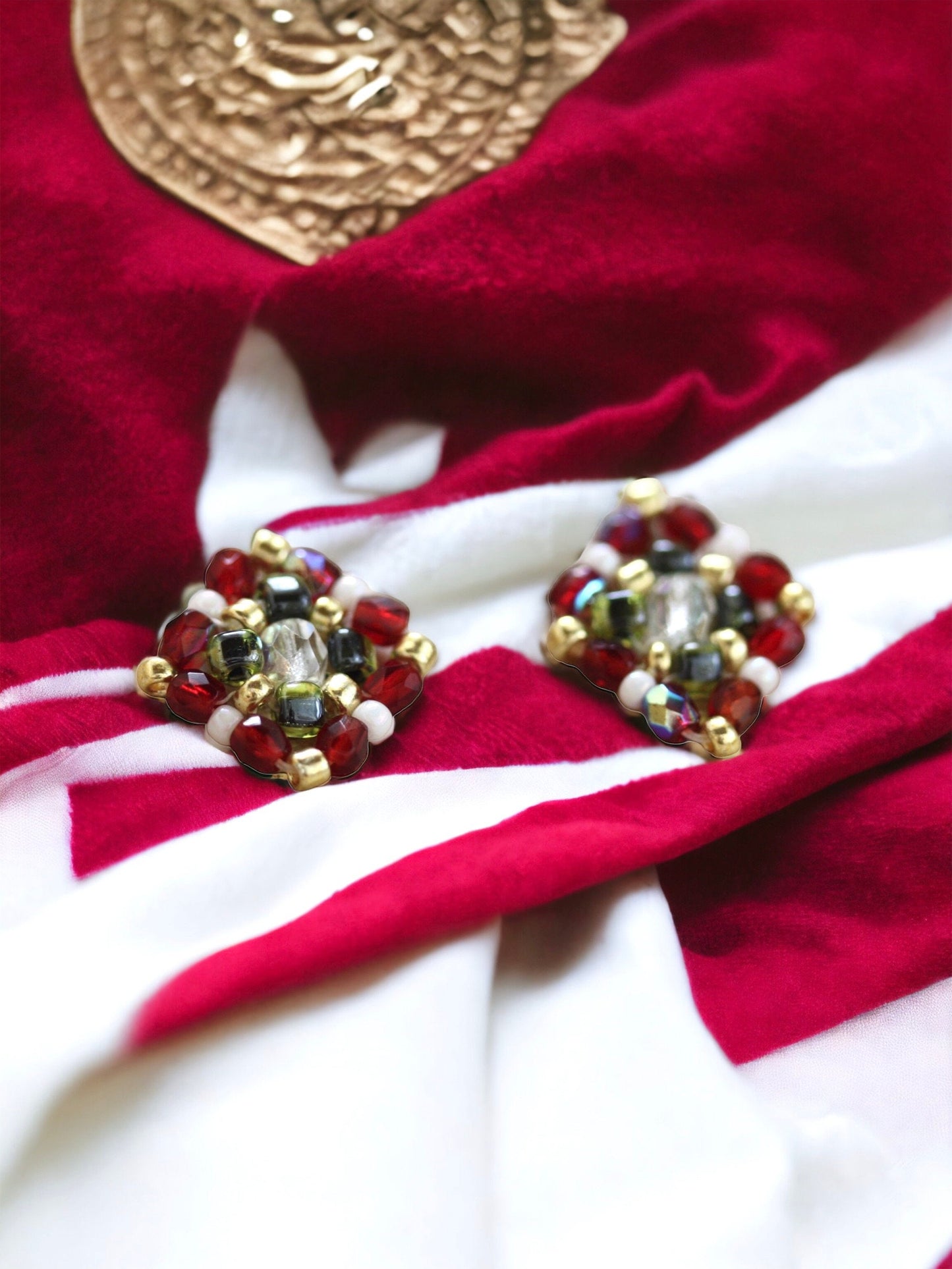 Small little hand beaded beadwork stud earrings - red, green, gold and white - crystals and seed beads