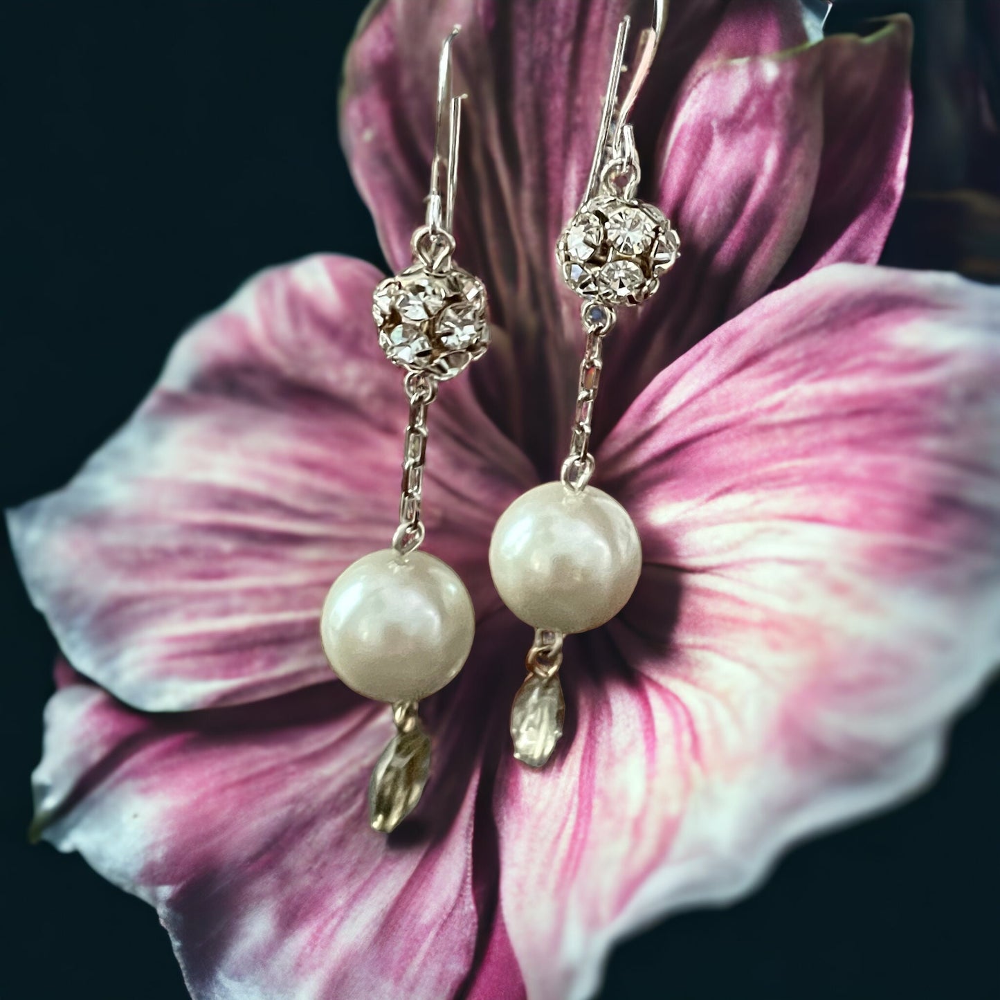 Rhinestone balls and pearls drop dangle earrings - sterling silver ear wires