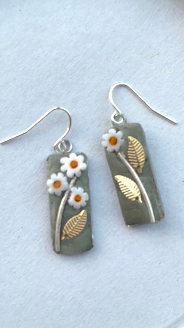 Small mosaic tile glass daisy and metal handmade earrings