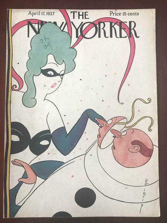 Rare - April 17, 1937 - The NEW YORKER Magazine original cover by Rea Irvin - masquerade party, removing a mask - please read description