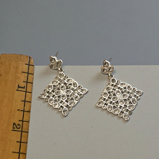 Elegant Silver-Tone Floral Design Statement Earrings with Sparkling Rhinestones