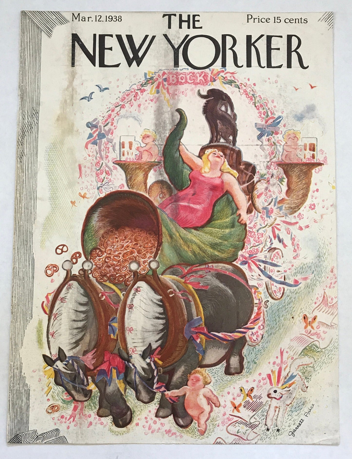 The NEW YORKER Magazine very rare original cover - March 12, 1938 - Garrett Price - Woman on float with beer and cornucopia of pretzels