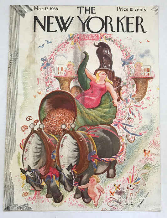 The NEW YORKER Magazine very rare original cover - March 12, 1938 - Garrett Price - Woman on float with beer and cornucopia of pretzels