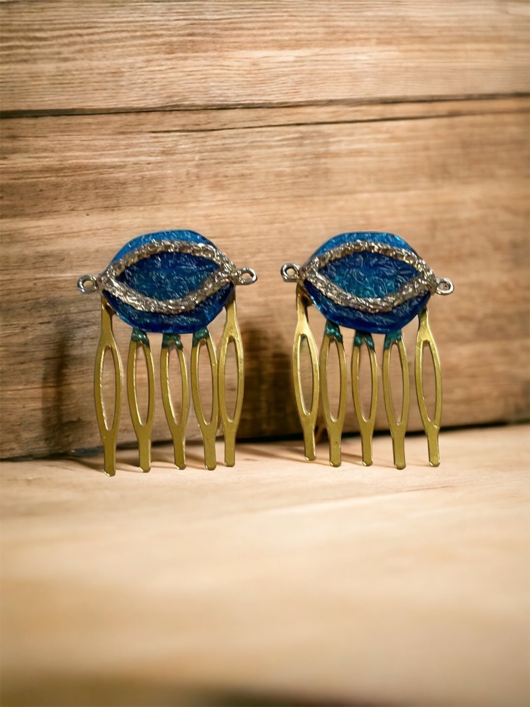 Pair of upcycled mixed material blue and gold small hair combs - 1" each - inspired by Mid Century Modern MCM design