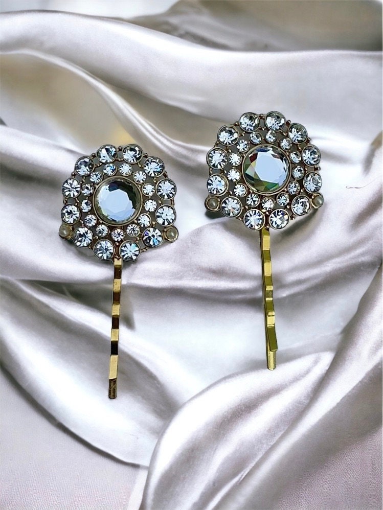 Pair of rhinestone hair combs or hair pins - all white rhinestones trimmed with tiny faux baby pearls