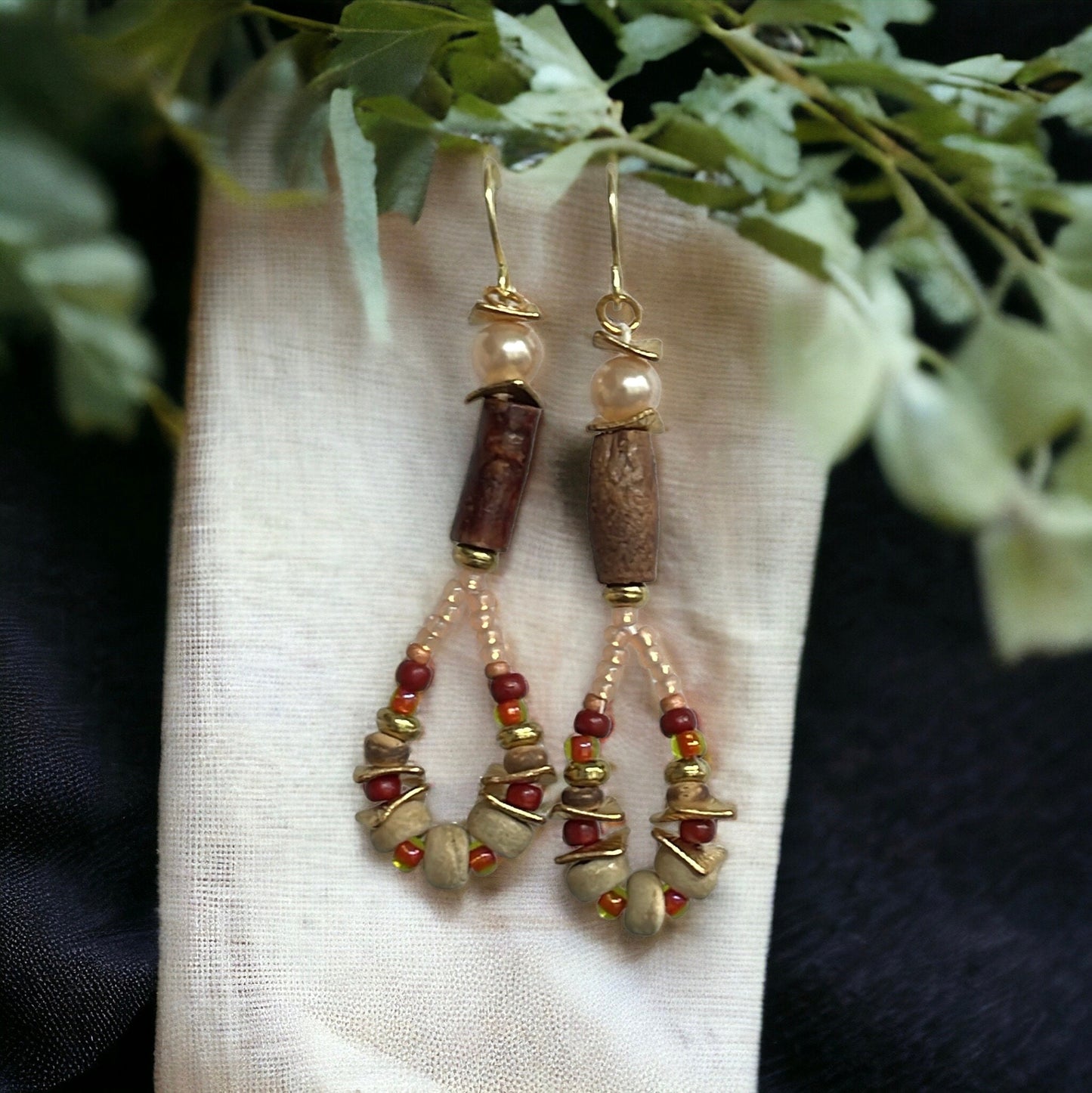 Hand beaded stunning dangle beadwork earrings - ombre shades of glass seed beads with wood, rippled metal spacers and pearls