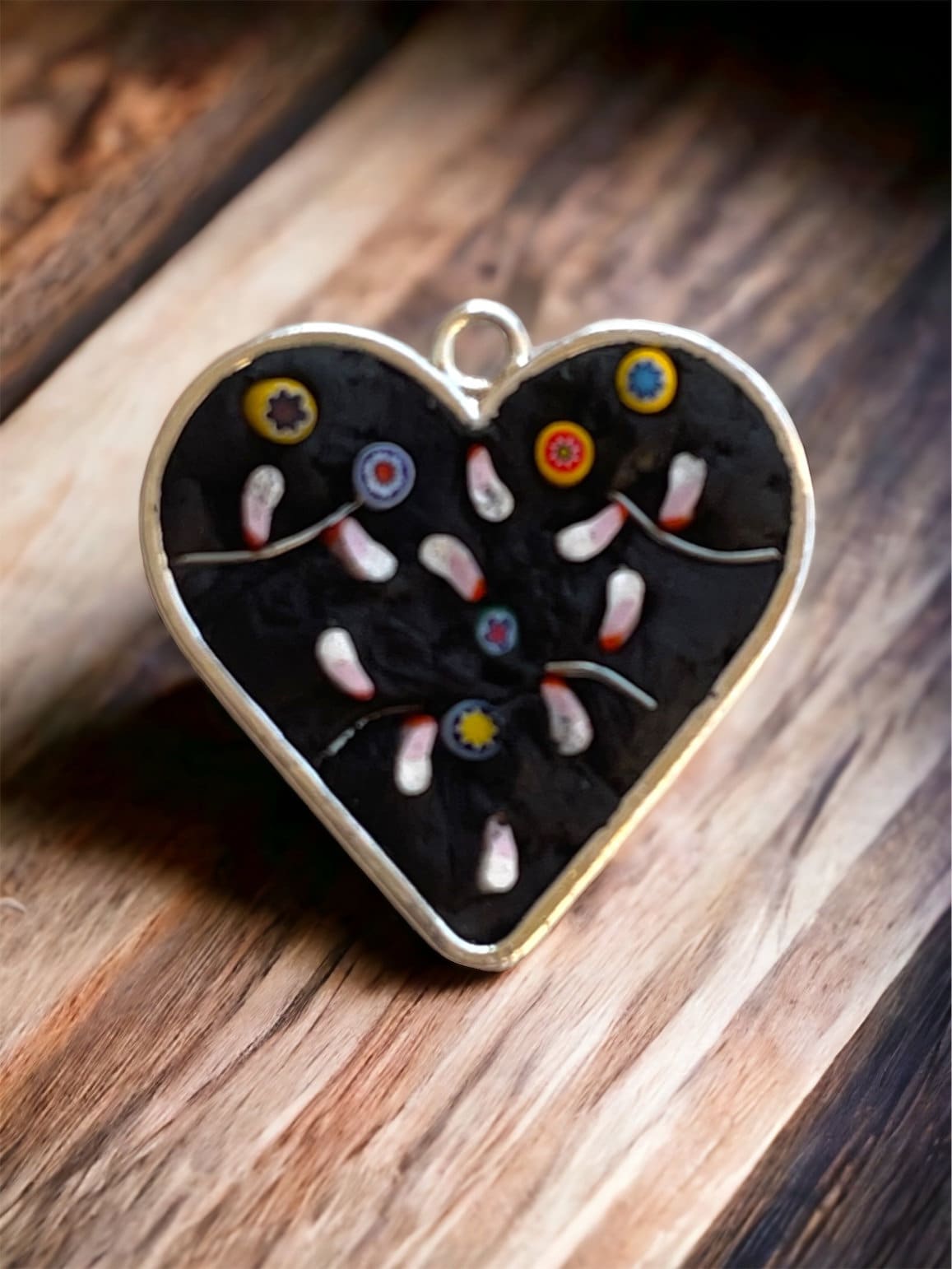 Handmade micro mosaic heart shaped flower garden necklace  - made of handcut pieces of Italian millefiori glass and wire